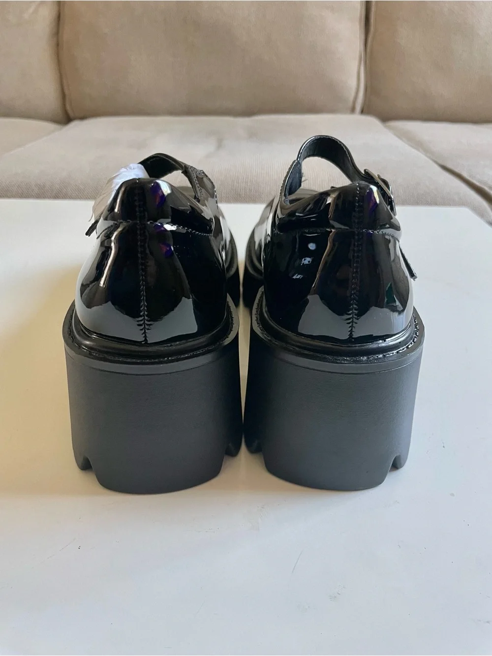 Black Patent Mary Jane Platform Shoes with Buckle Strap